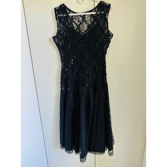 Vintage 80s Formal Party Dress Black Lace Sequin Midi Fit Size Medium Fitted - Picture 12 of 12